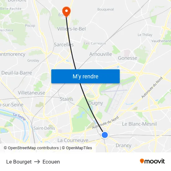 Le Bourget to Ecouen map