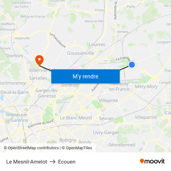 Le Mesnil-Amelot to Ecouen map