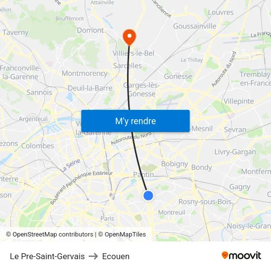Le Pre-Saint-Gervais to Ecouen map