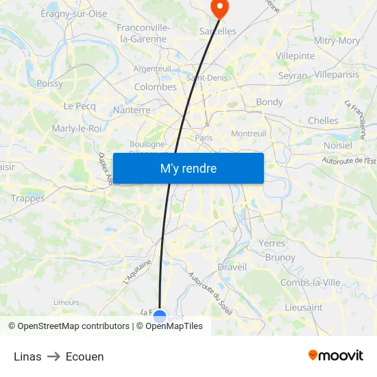Linas to Ecouen map