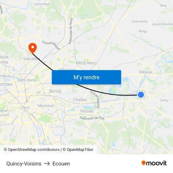 Quincy-Voisins to Ecouen map