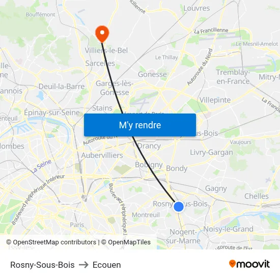 Rosny-Sous-Bois to Ecouen map