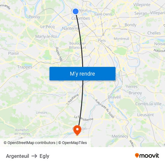 Argenteuil to Egly map