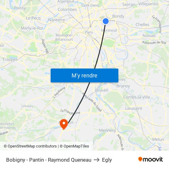 Bobigny - Pantin - Raymond Queneau to Egly map