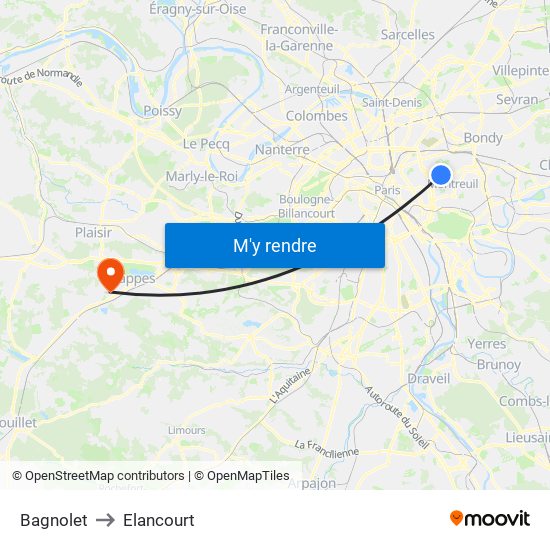 Bagnolet to Elancourt map