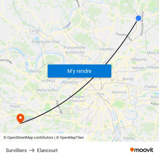 Survilliers to Elancourt map