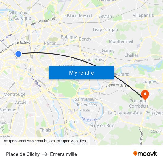 Place de Clichy to Emerainville map