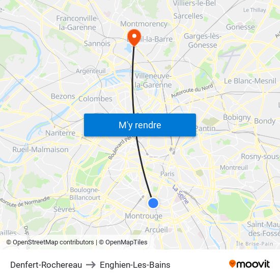Denfert-Rochereau to Enghien-Les-Bains map