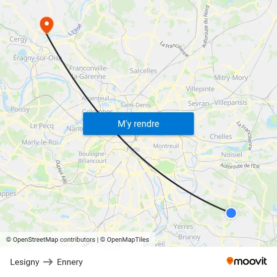 Lesigny to Ennery map