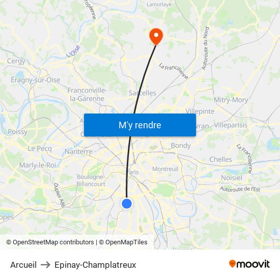 Arcueil to Epinay-Champlatreux map