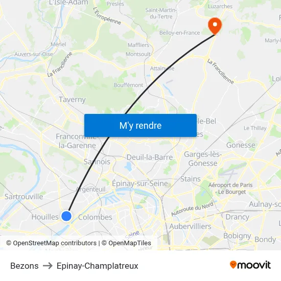 Bezons to Epinay-Champlatreux map