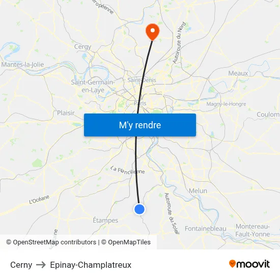 Cerny to Epinay-Champlatreux map