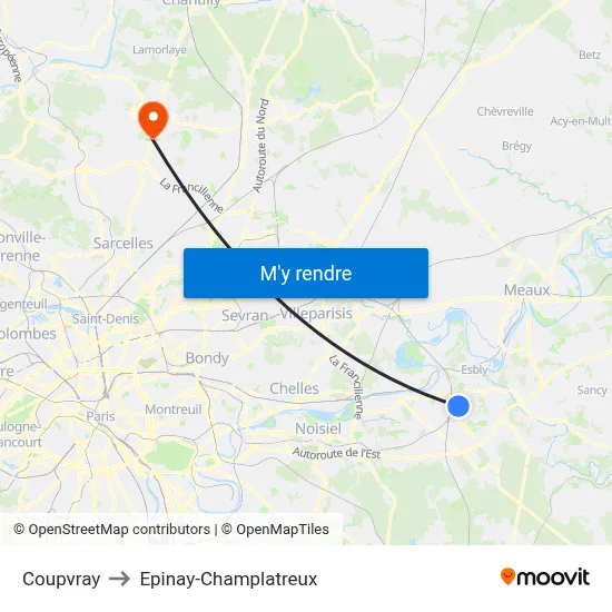 Coupvray to Epinay-Champlatreux map