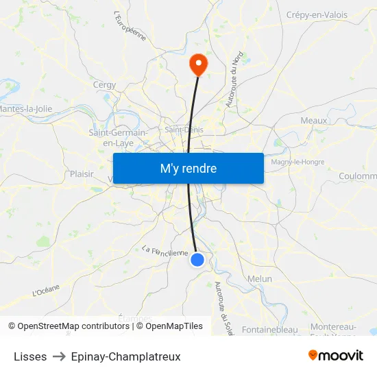 Lisses to Epinay-Champlatreux map