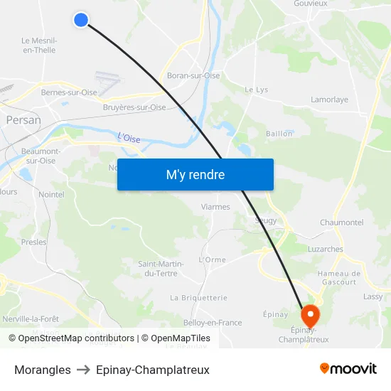 Morangles to Epinay-Champlatreux map