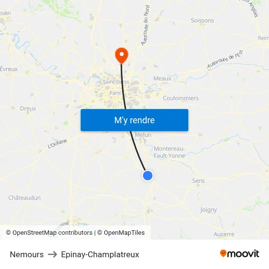 Nemours to Epinay-Champlatreux map