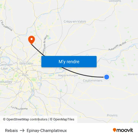 Rebais to Epinay-Champlatreux map