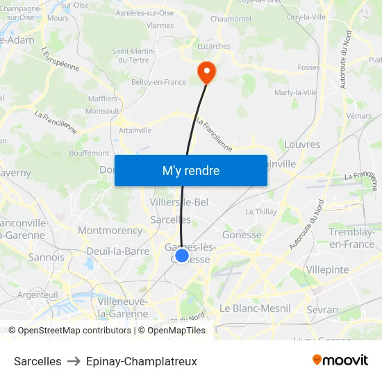 Sarcelles to Epinay-Champlatreux map