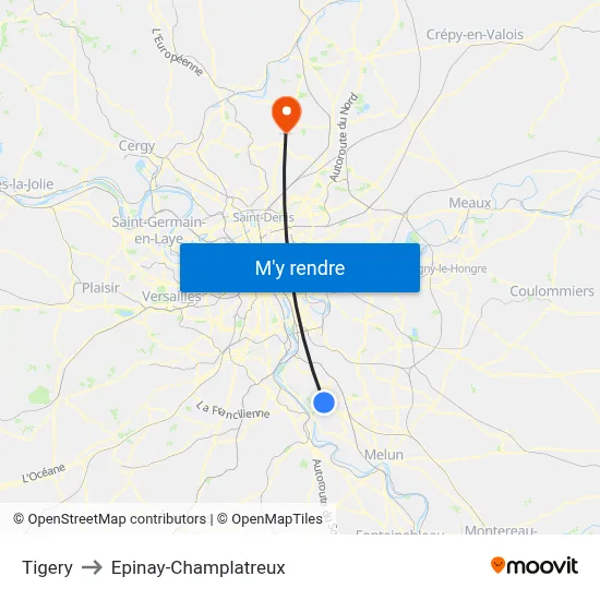 Tigery to Epinay-Champlatreux map