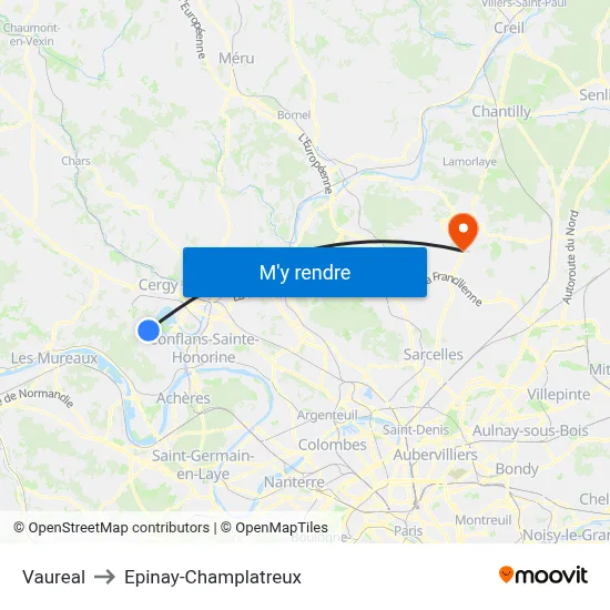 Vaureal to Epinay-Champlatreux map