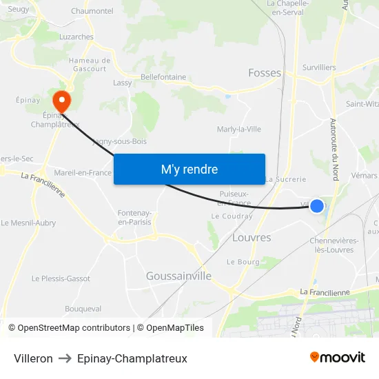 Villeron to Epinay-Champlatreux map