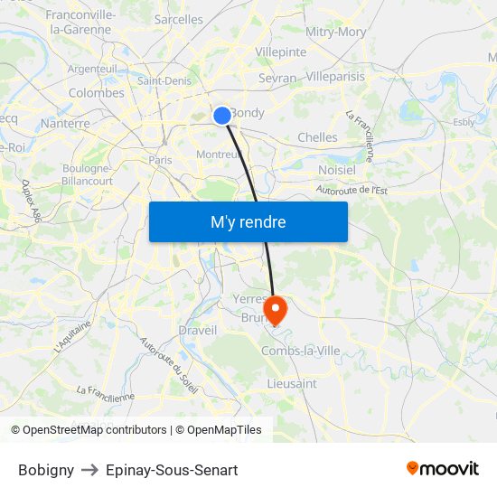 Bobigny to Epinay-Sous-Senart map