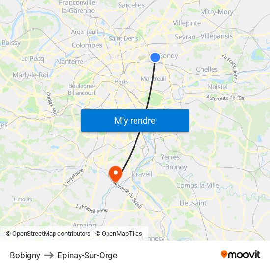 Bobigny to Epinay-Sur-Orge map