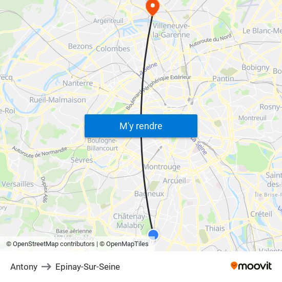 Antony to Epinay-Sur-Seine map