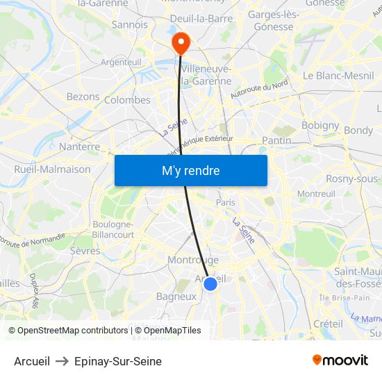 Arcueil to Epinay-Sur-Seine map