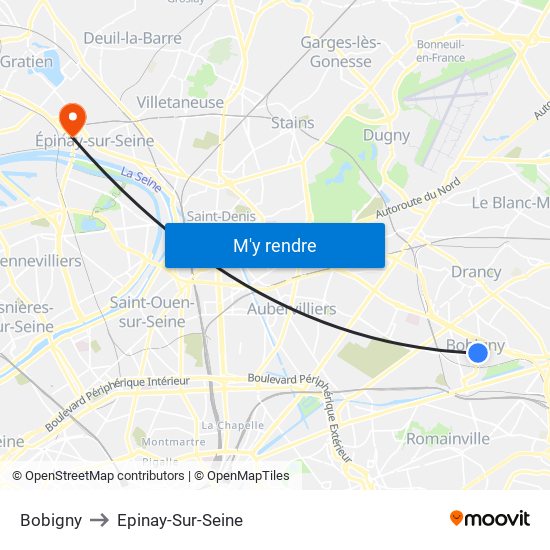 Bobigny to Epinay-Sur-Seine map