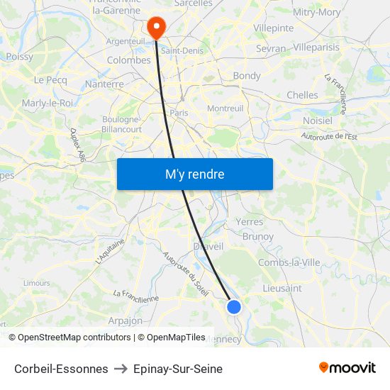 Corbeil-Essonnes to Epinay-Sur-Seine map