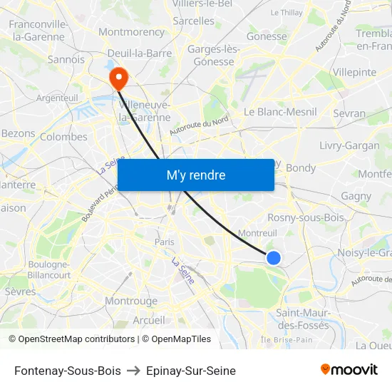 Fontenay-Sous-Bois to Epinay-Sur-Seine map
