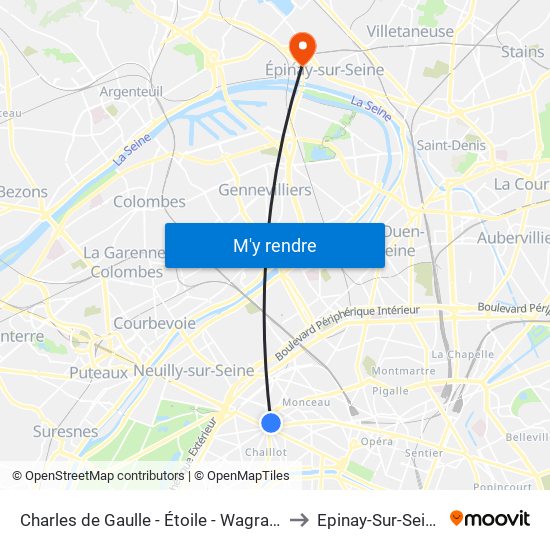 Charles de Gaulle - Étoile - Wagram to Epinay-Sur-Seine map