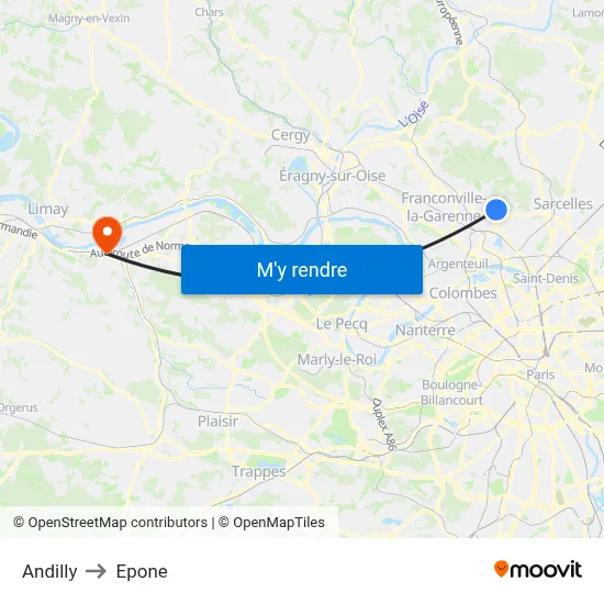 Andilly to Epone map