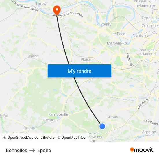 Bonnelles to Epone map