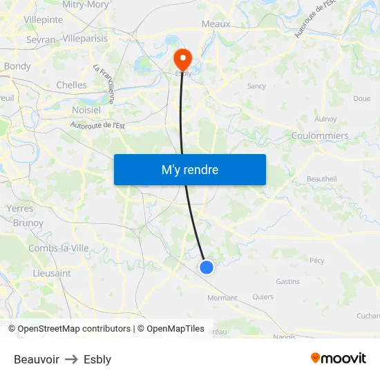 Beauvoir to Esbly map
