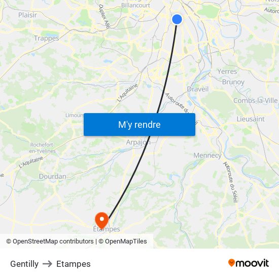 Gentilly to Etampes map