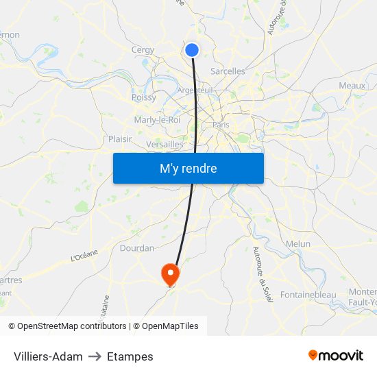 Villiers-Adam to Etampes map