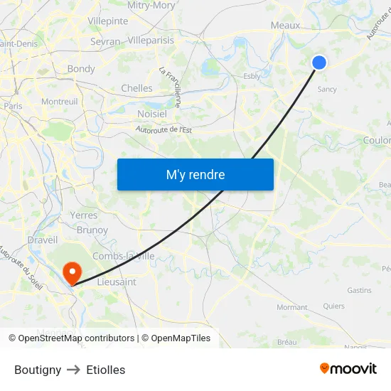 Boutigny to Etiolles map