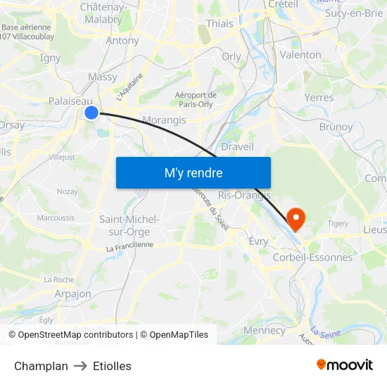 Champlan to Etiolles map