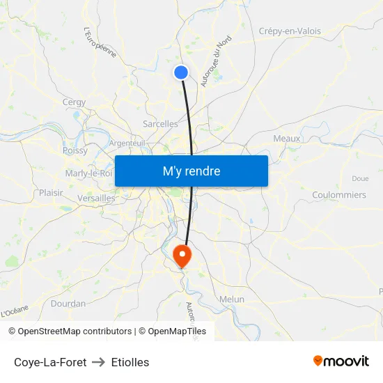 Coye-La-Foret to Etiolles map