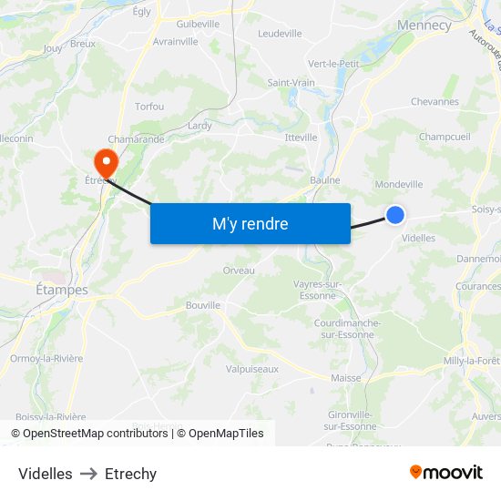 Videlles to Etrechy map