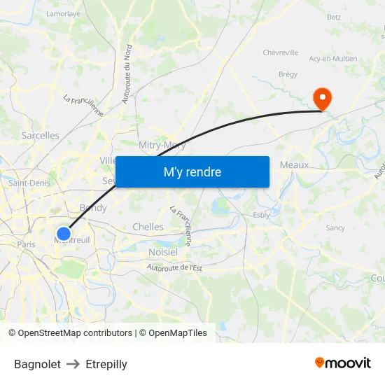 Bagnolet to Etrepilly map