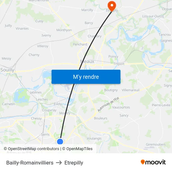 Bailly-Romainvilliers to Etrepilly map