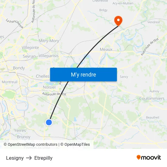 Lesigny to Etrepilly map