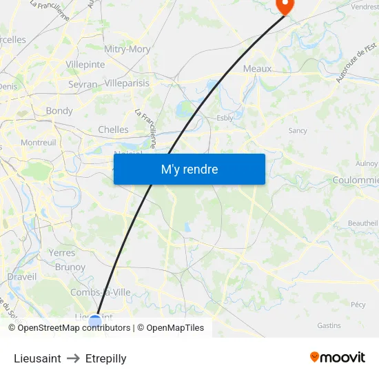 Lieusaint to Etrepilly map