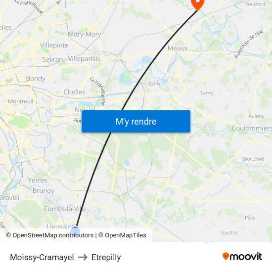 Moissy-Cramayel to Etrepilly map