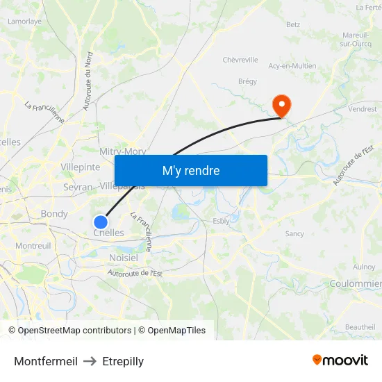 Montfermeil to Etrepilly map