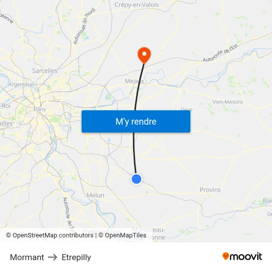 Mormant to Etrepilly map