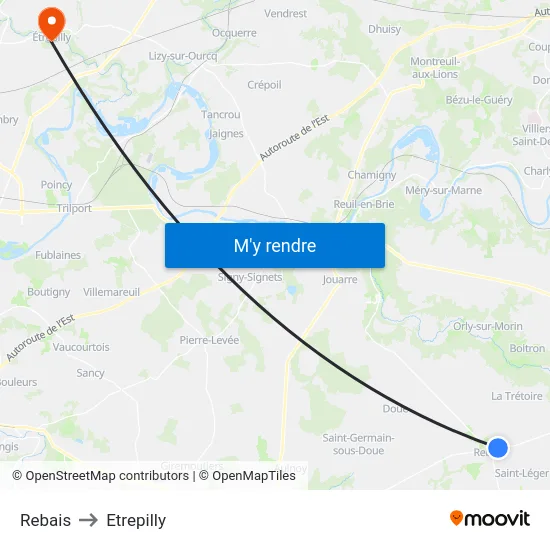 Rebais to Etrepilly map